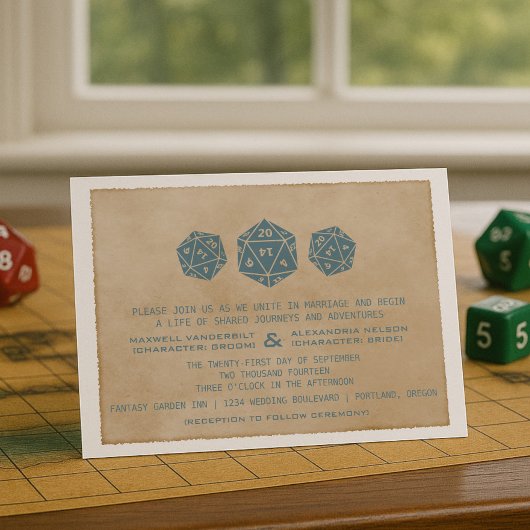 Blue Grunge D20 Dice Gamer Wedding Invitation Kaart
