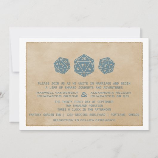 Blue Grunge D20 Dice Gamer Wedding Invitation Kaart (Voorkant)