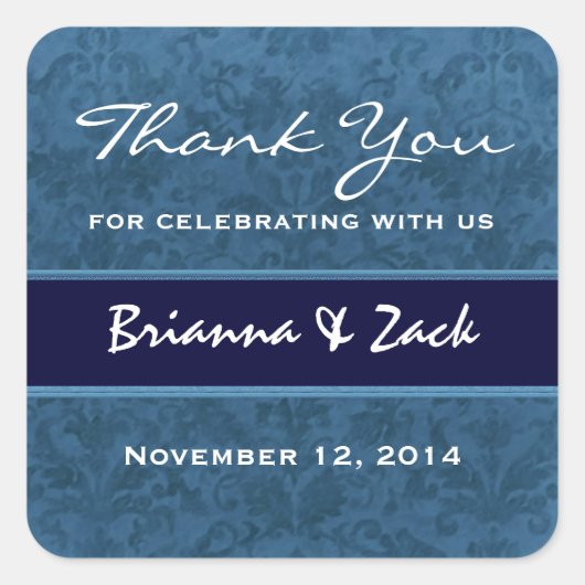 Blue Grunge Damask Dank je bruiloft Vierkante Sticker (Voorkant)