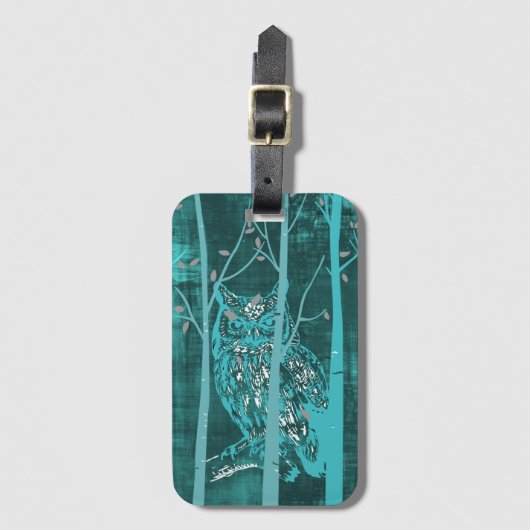 Blue Grunge Woodland Owl Art Bagagelabel (Voorkant (verticaal))
