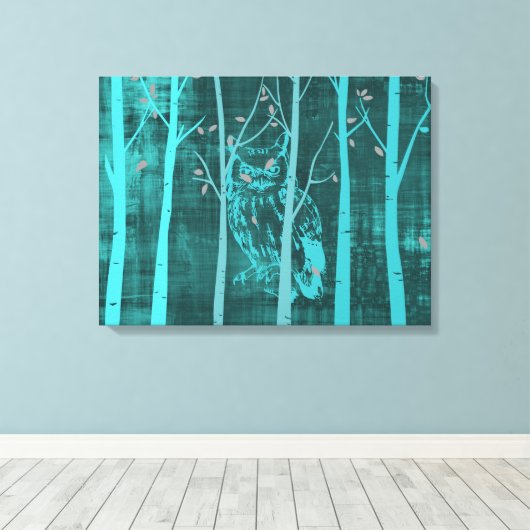 Blue Grunge Woodland Owl Canvas Afdruk (Insitu (Houten vloer))