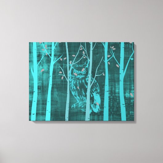 Blue Grunge Woodland Owl Canvas Afdruk (Voorkant)