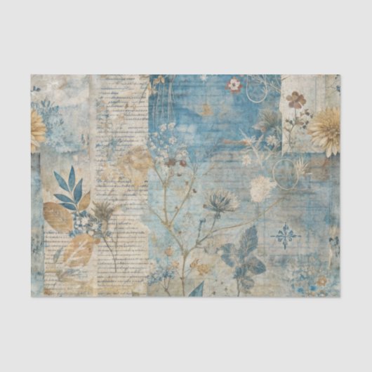 Blue Grungy Distressed Floral Ephemera Collage Tissuepapier (Voorkant)
