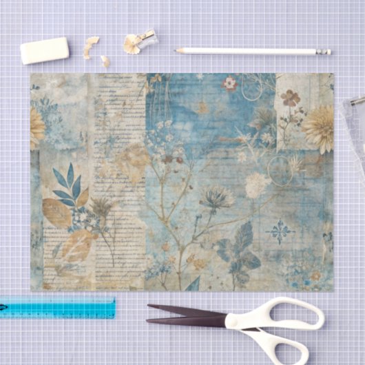 Blue Grungy Distressed Floral Ephemera Collage Tissuepapier (Craft)