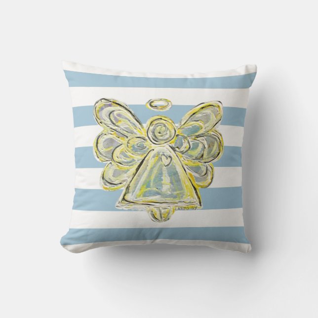Blue Guardian Angel Art Striped Pillow Kussen (Voorkant)
