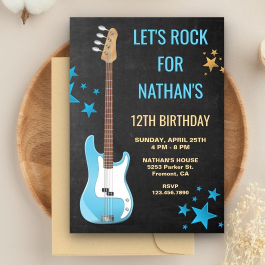 Blue Guitar Rockstar Birthday Party Invitation Kaart