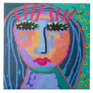 Blue Hair Abstract digitaal portret van een vrouw Tegeltje