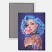 Blue Hair Bubblegum Pin-Up Girl Magnet – Edgy (Voorkant / Achterkant)