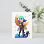 Blue Hair Girl met zwarte kat Briefkaart (Staand voorkant)