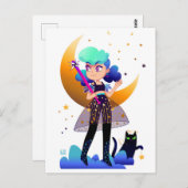 Blue Hair Girl met zwarte kat Briefkaart (Voorkant / Achterkant)