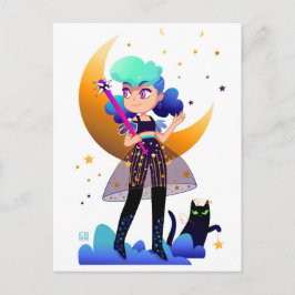 Blue Hair Girl met zwarte kat Briefkaart