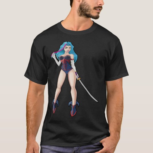 Blue Hair Girl with Katana Sword T-shirt (Voorkant)