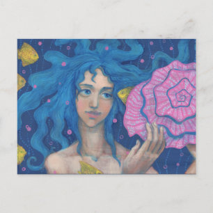 Blue Hair Mermaid Girl Zee Shell Fish Fantasy Art Briefkaart