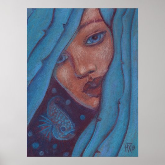 Blue Hair, Mermaid Portrait Fantasy Girl Woman Art Poster (Voorkant)
