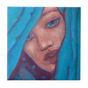 Blue Hair Mermaid Portrait Fantasy Pastel Painting Tegeltje