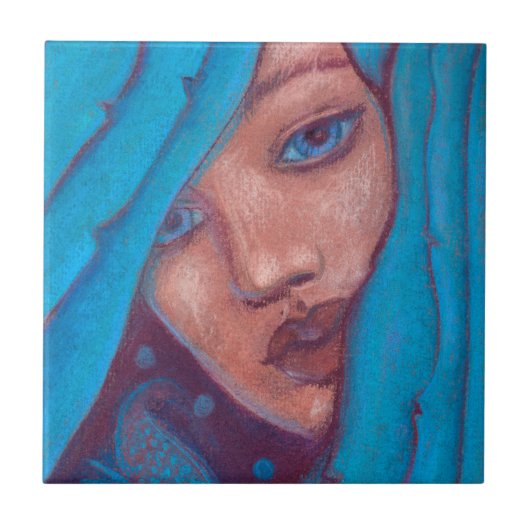 Blue Hair Mermaid Portrait Fantasy Pastel Painting Tegeltje (Voorkant)