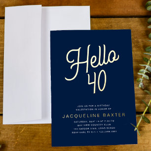 Blue Hallo 40 Gold Script 40th Birthday Party Folie Uitnodiging