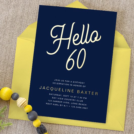 Blue Hallo 60 Gold Script 60th Birthday Party Folie Uitnodiging