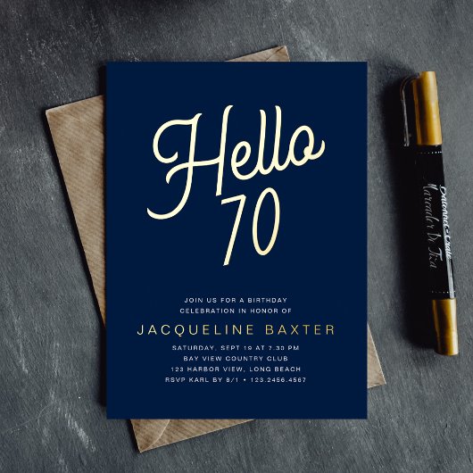Blue Hallo 70 Gold Script 70th Birthday Party Folie Uitnodiging
