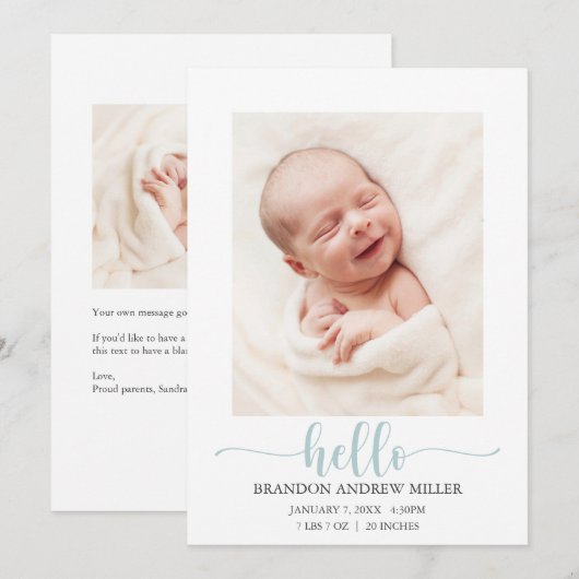 Blue Hallo Baby Birth Announounement-fotokaart Aankondiging (Voorkant / Achterkant)