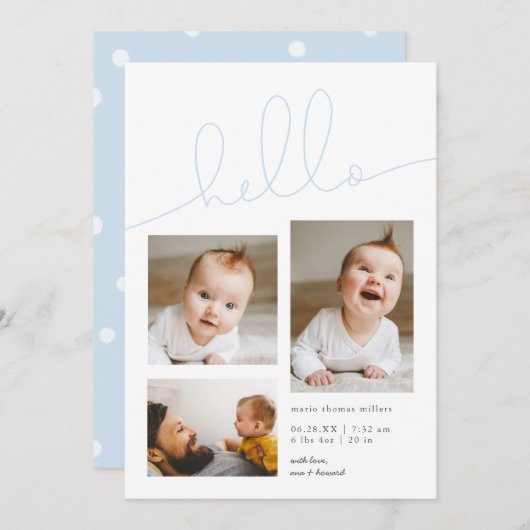 Blue Hallo Script Multi Photo Birth Aankondiging (Voorkant / Achterkant)