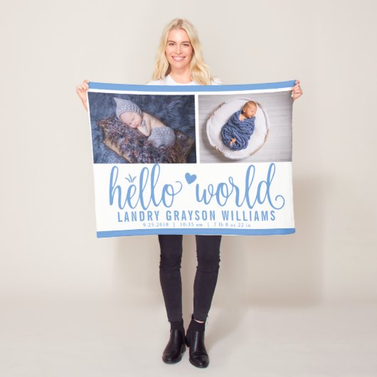 Blue Hallo World Monogram Baby Stat Fleece Deken (In situ)