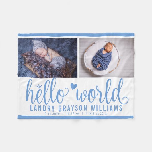 Blue Hallo World Monogram Baby Stat Fleece Deken (Voorkant (Horizontaal))