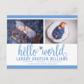 Blue Hallo World Photo Birth Stat Aankondigingskaart (Voorkant)