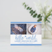 Blue Hallo World Photo Birth Stat Aankondigingskaart (Staand voorkant)