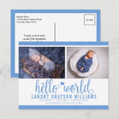 Blue Hallo World Photo Birth Stat Aankondigingskaart (Voorkant / Achterkant)