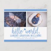 Blue Hallo World Photo Birth Stat Aankondigingskaart (Voorkant)