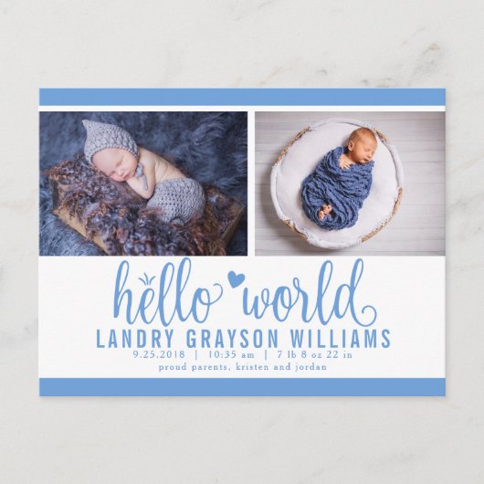 Blue Hallo World Photo Birth Stat Aankondigingskaart (Voorkant)