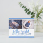 Blue Hallo World Photo Birth Stat Aankondigingskaart (Staand voorkant)
