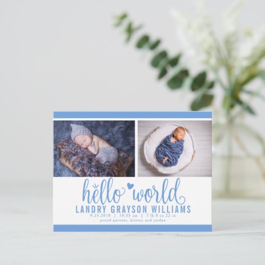 Blue Hallo World Photo Birth Stat Aankondigingskaart (Staand voorkant)