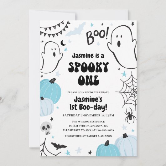 Blue Halloween 1st Birthday Invitation Kaart (Voorkant)
