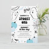 Blue Halloween 1st Birthday Invitation Kaart (Staand voorkant)