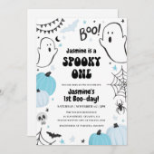 Blue Halloween 1st Birthday Invitation Kaart (Voorkant / Achterkant)