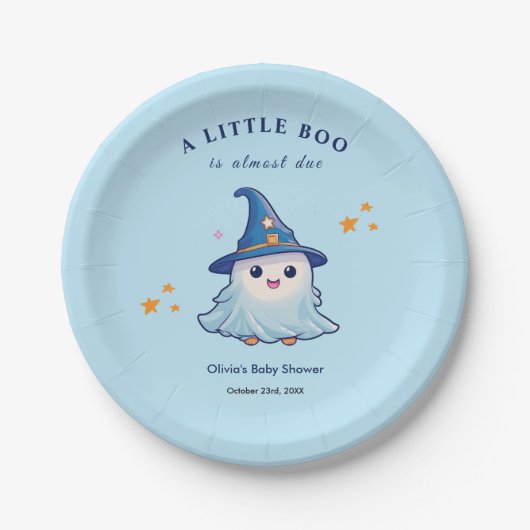 Blue Halloween A Little Boo Baby shower Papieren Bordje (Voorkant)