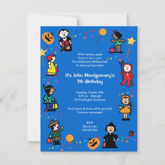 Blue Halloween Birthday Costume Party Invitation Kaart (Voorkant)