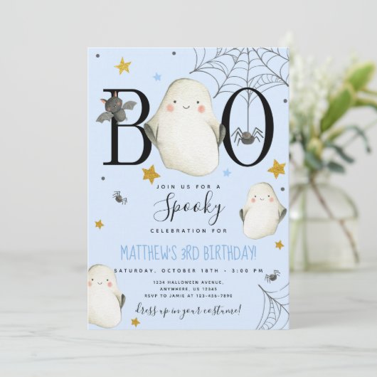 Blue Halloween Birthday Invitation Kaart (Staand voorkant)