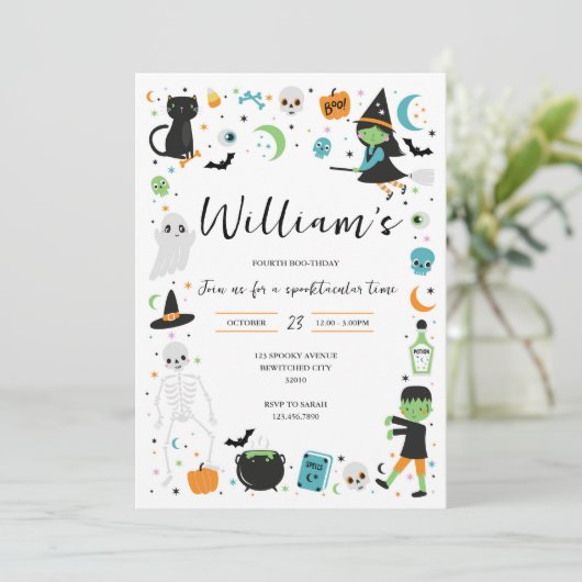 Blue Halloween Birthday Invitation Kaart (Staand voorkant)