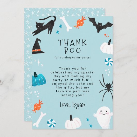 Blue Halloween Birthday Party Dank Boo Bedankkaart (Voorkant / Achterkant)