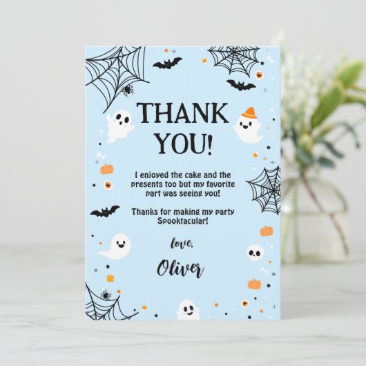 Blue Halloween Cute Ghost Bedankkaart (Staand voorkant)