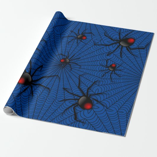 Blue Halloween Evil Black Widow Scider Web Cadeaupapier (Uitgerold)