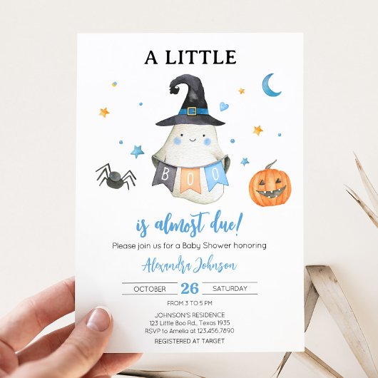 Blue Halloween Ghost Little Boo Baby shower Kaart