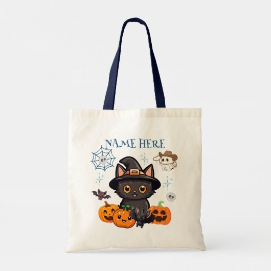 Blue Halloween Kat Witch Snoep Canvas tas (Achterkant)