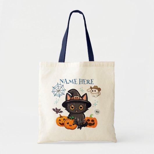 Blue Halloween Kat Witch Snoep Canvas tas (Voorkant)