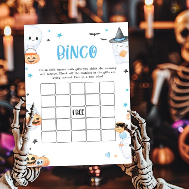 Blue Halloween Little Boo Baby shower Bingo spel (Baby is Brewing Baby Shower Bingo Game)