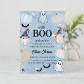Blue Halloween Little Boo Baby shower Invitation Kaart (Staand voorkant)