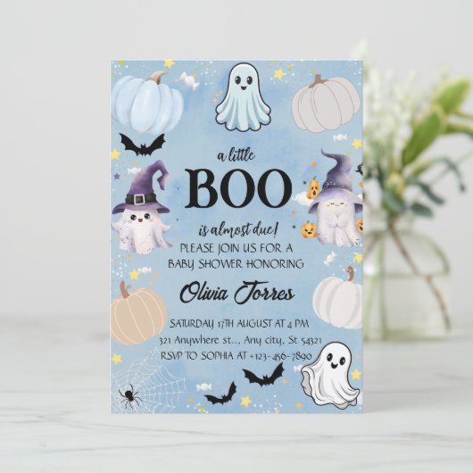 Blue Halloween Little Boo Baby shower Invitation Kaart (Staand voorkant)